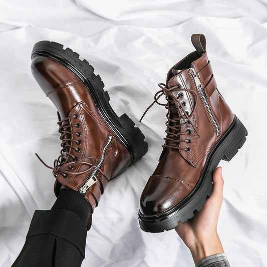 Botas de cuero con cordones y cremallera para hombre, zapatos informales, sencillos, a la moda, para primavera y otoño, 2023